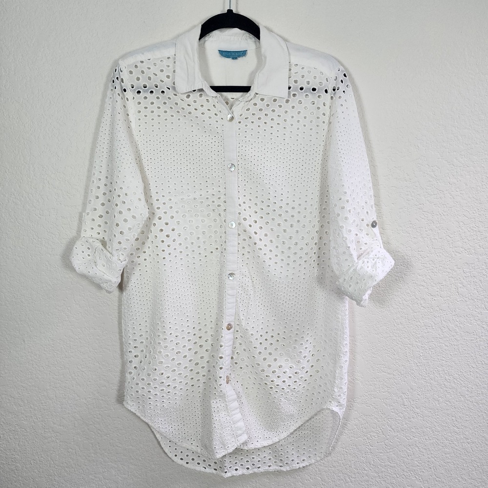 Blue Island Cover Up white 100% cotton eyelet button-down shirt Sz L Resort Swim